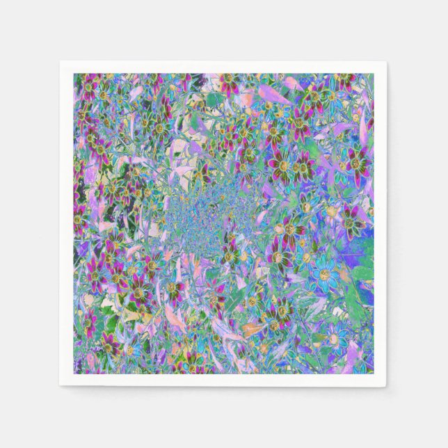 Retro Purple, Green and Blue Wildflowers on Pink Napkin (Front)