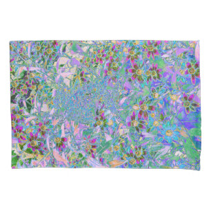 Retro Purple, Green and Blue Wildflowers on Pink Pillowcase