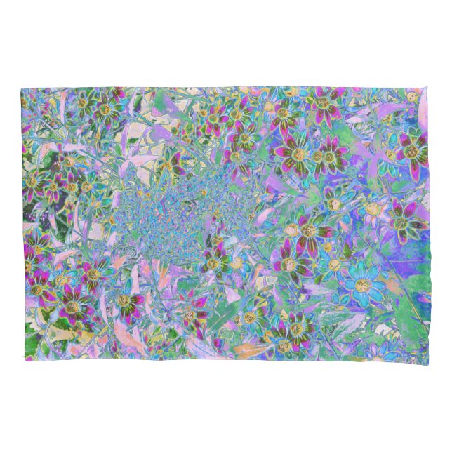 Retro Purple, Green and Blue Wildflowers on Pink Pillowcase (Front)