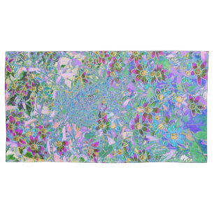 Retro Purple, Green and Blue Wildflowers on Pink Pillowcase
