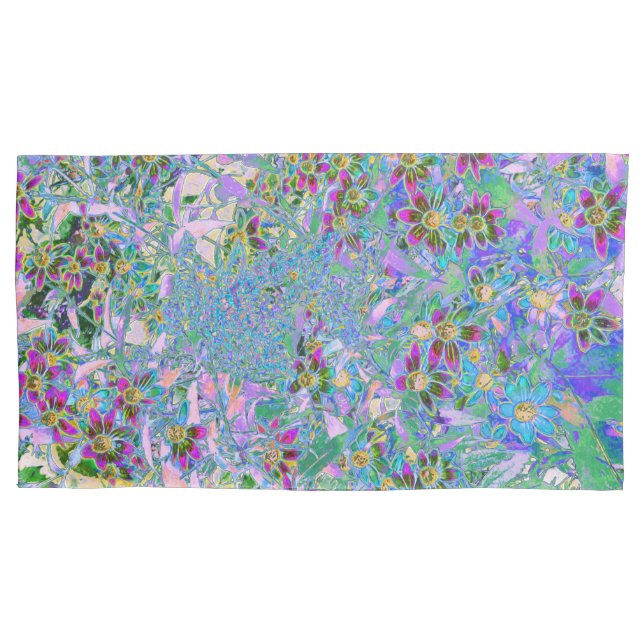 Retro Purple, Green and Blue Wildflowers on Pink Pillowcase (Front-Left)