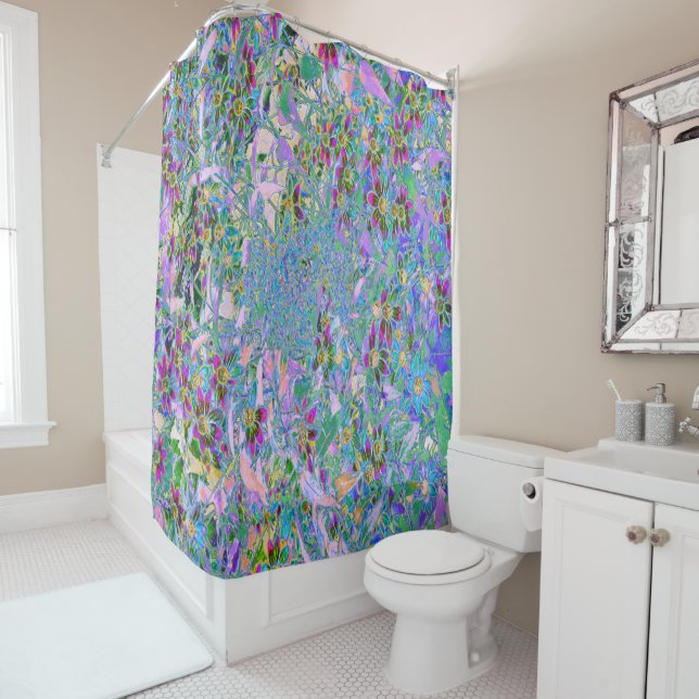 Retro Purple, Green and Blue Wildflowers on Pink Shower Curtain (In Situ)