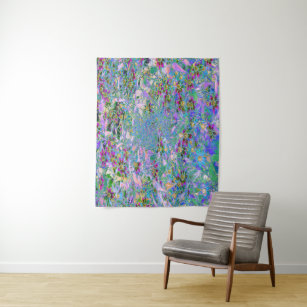 Retro Purple, Green and Blue Wildflowers on Pink Tapestry
