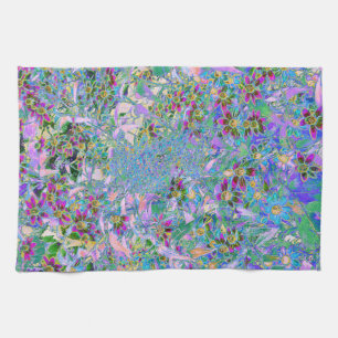Retro Purple, Green and Blue Wildflowers on Pink Tea Towel