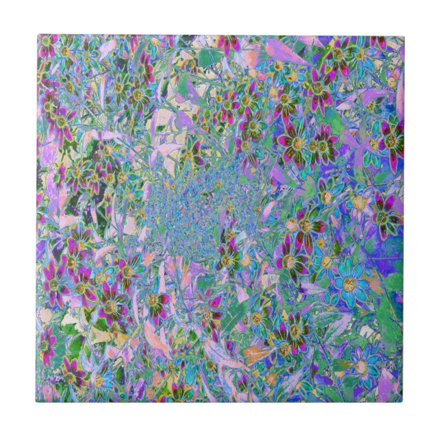 Retro Purple, Green and Blue Wildflowers on Pink Tile (Front)