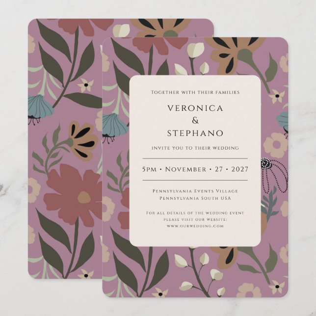 Retro purple, green, brown floral, wedding  invitation (Front/Back)