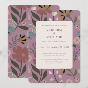 Retro purple, green, brown floral, wedding  invitation