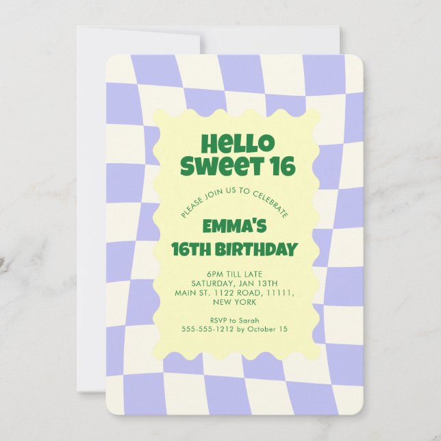 Retro Purple Groovy Chequered Sweet 16Birthday Par Invitation (Front)