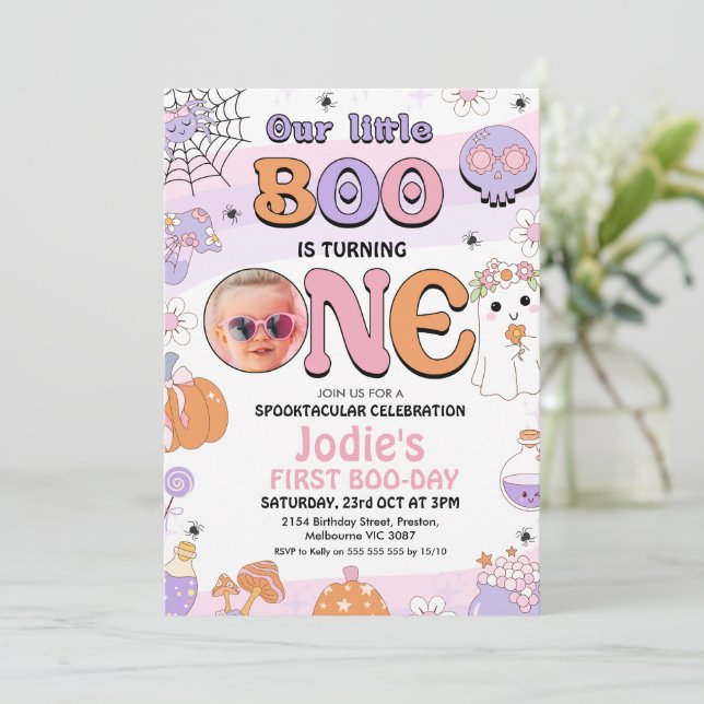 Retro Purple Halloween Little Boo 1st Birthday  Invitation (Standing Front)