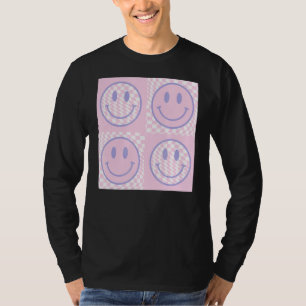 Retro Purple Happy Face Chequered Pattern Trendy T-Shirt