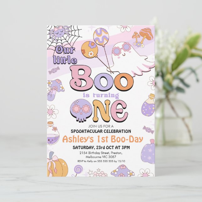 Retro Purple Little Boo Halloween 1st Birthday  Invitation (Standing Front)