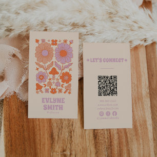 Retro Purple Orange QR Code Groovy Floral Boho Business Card
