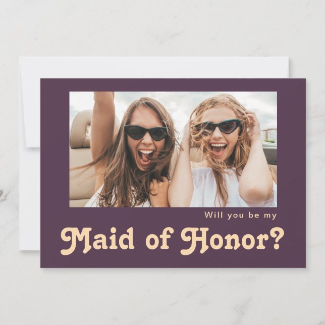 Retro Purple Photo Maid of Honour Proposal Card (Front)