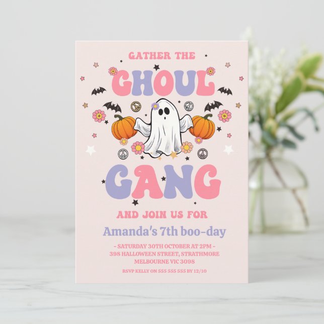 Retro Purple Pink Ghoul Gang Halloween Birthday Invitation (Standing Front)