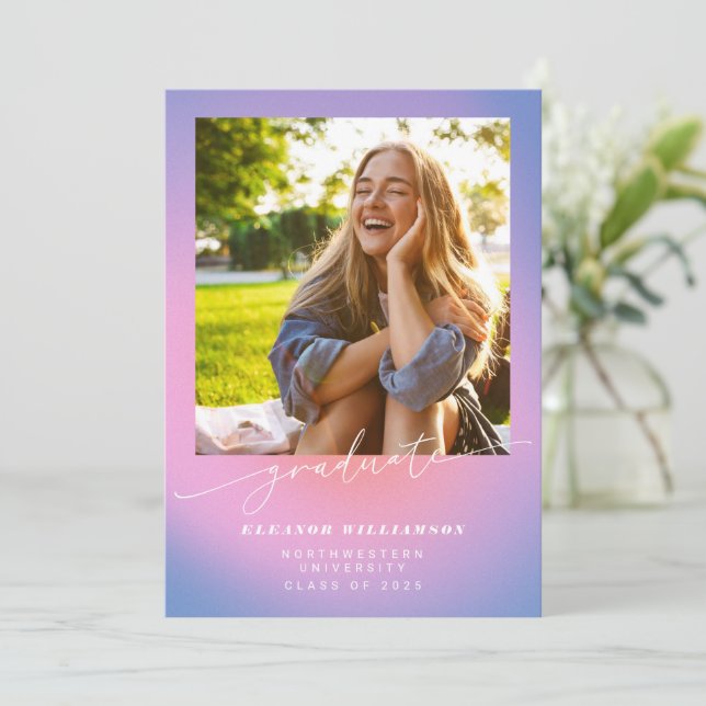 Retro Purple Pink Gradient 3 Photo Graduation Announcement (Standing Front)