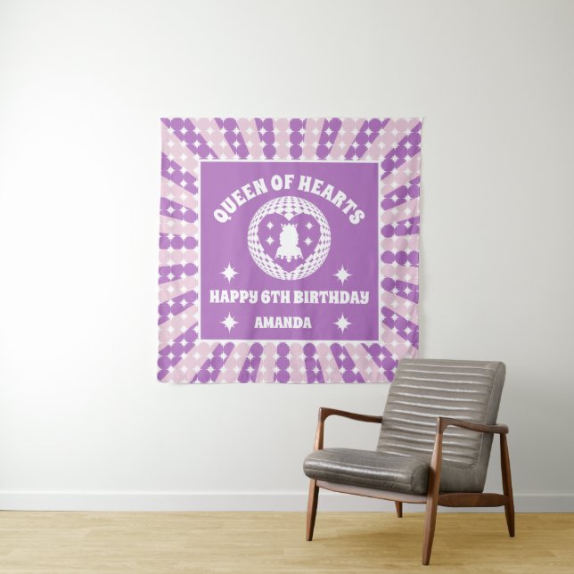 Retro Purple Queen Of Hearts Birthday Banner Tapestry (In Situ)