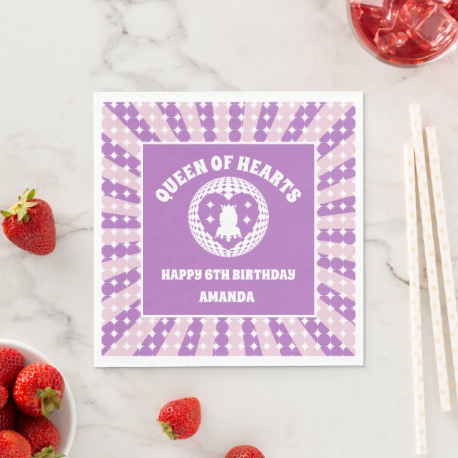 Retro Purple Queen Of Hearts Birthday Napkin (Insitu)