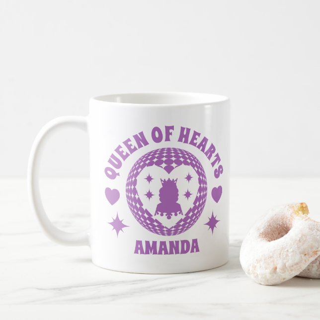Retro Purple Queen Of Hearts Personalised Coffee Mug (With Donut)
