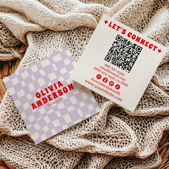 Retro Purple Red QR Code Groovy Chequered Boho Fun Square Business Card (Creator Uploaded)