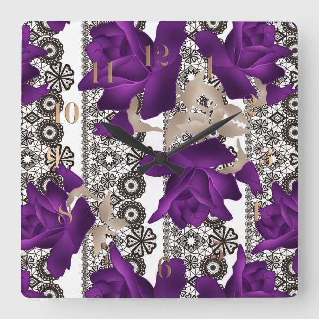 Retro, purple roses square wall clock (Front)