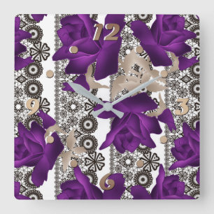 Retro, purple roses square wall clock