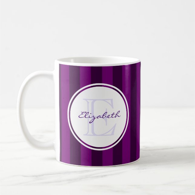 Retro Purple Striped Pattern with Monogram Coffee Mug (Left)