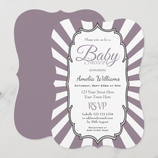 Retro Purple Sunbeam Striped Baby Shower Invitation (Front/Back)