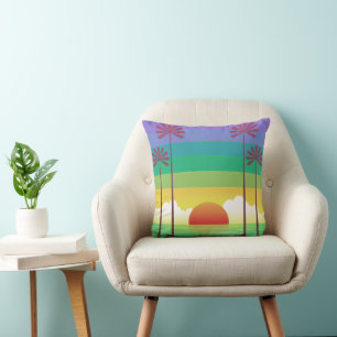 Retro Purple Sunset Palm Trees Art Cushion