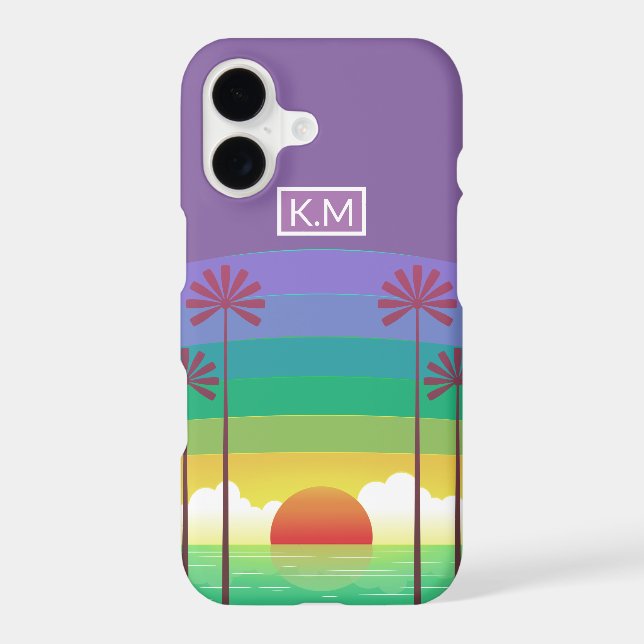 Retro Purple Sunset Palm Trees Art Monogram (Back)