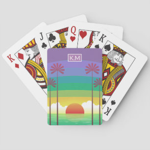 Retro Purple Sunset Palm Trees Art Monogram Playing Cards
