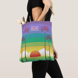 Retro Purple Sunset Palm Trees Art Monogram Tote Bag