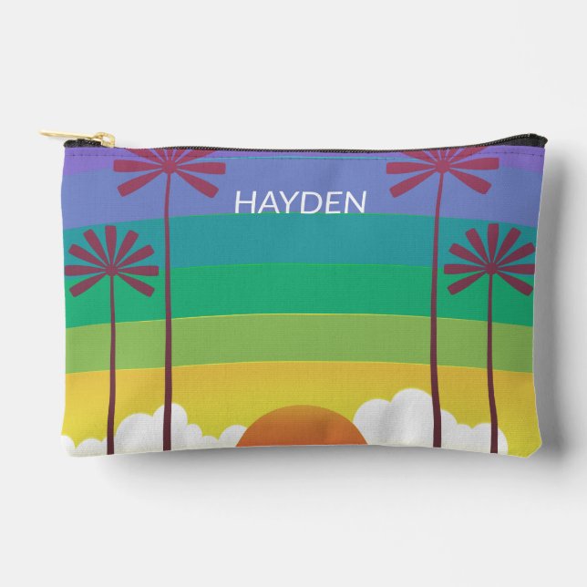 Retro Purple Sunset Palm Trees Art Personalised Accessory Pouch (Front)