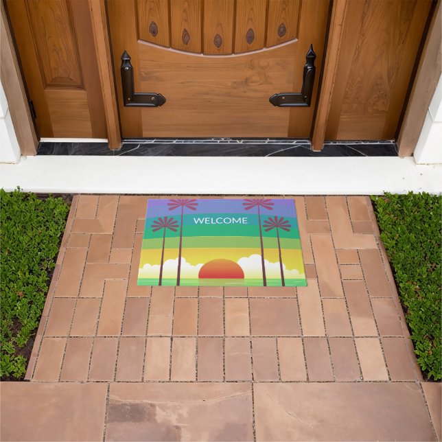 Retro Purple Sunset Palm Trees Art Personalised Doormat (Outdoor)