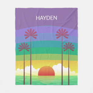 Retro Purple Sunset Palm Trees Art Personalised Fleece Blanket