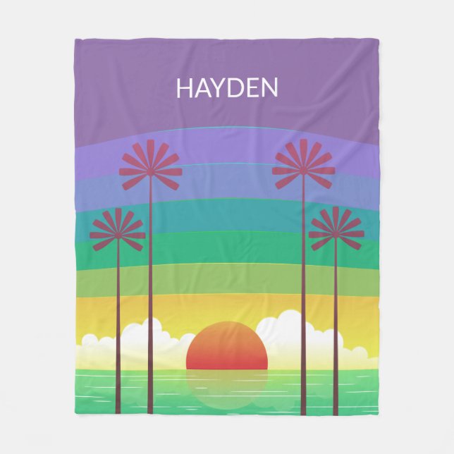 Retro Purple Sunset Palm Trees Art Personalised Fleece Blanket (Front)