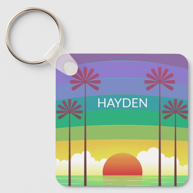 Retro Purple Sunset Palm Trees Art Personalised Key Ring (Front)