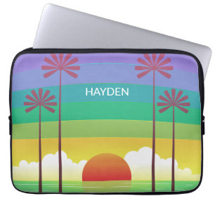 Retro Purple Sunset Palm Trees Art Personalised Laptop Sleeve