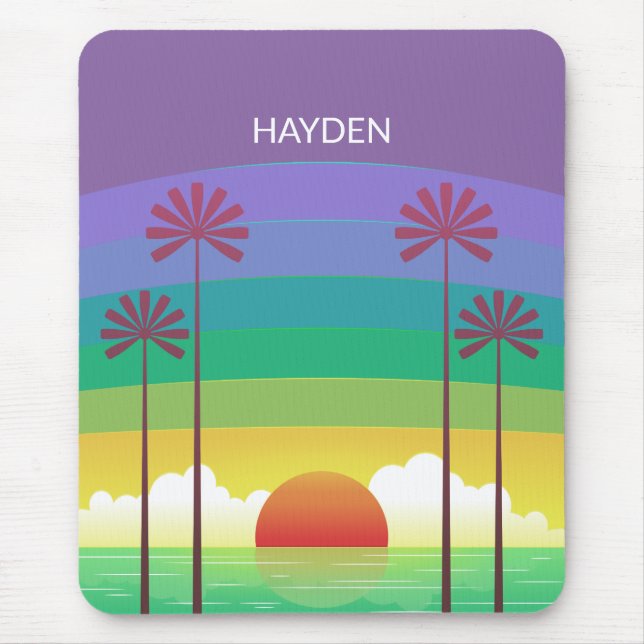 Retro Purple Sunset Palm Trees Art Personalised Mouse Mat (Front)