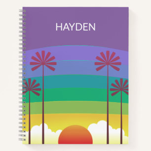 Retro Purple Sunset Palm Trees Art Personalised Notebook