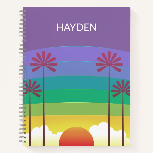 Retro Purple Sunset Palm Trees Art Personalised Notebook (Front)