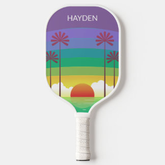 Retro Purple Sunset Palm Trees Art Personalised Pickleball Paddle