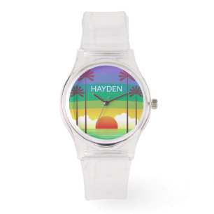 Retro Purple Sunset Palm Trees Art Personalised Watch
