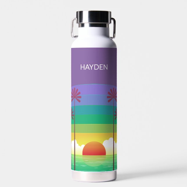Retro Purple Sunset Palm Trees Art Personalised Water Bottle (Front)