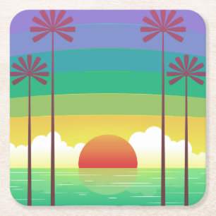 Retro Purple Sunset Palm Trees Art Square Paper Coaster