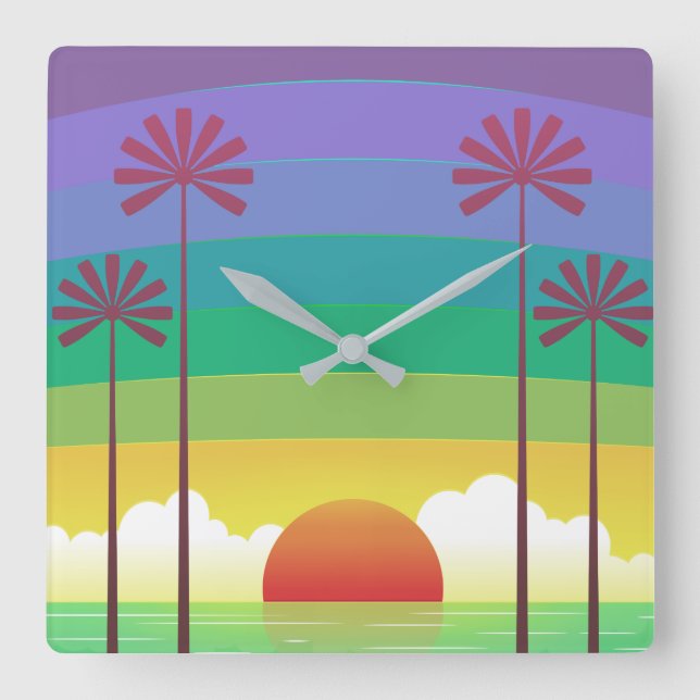 Retro Purple Sunset Palm Trees Art Square Wall Clock (Front)