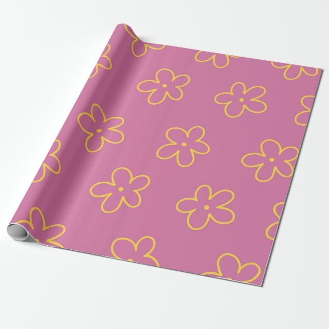 Retro Purple Yellow Floral Simple Flower Pattern Wrapping Paper (Unrolled)