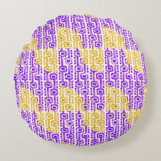 Retro Purple & Yellow Geometric Pattern Round Cushion (Front)
