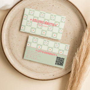 Retro QR Code Checkered Groovy Floral Boho Trendy Business Card