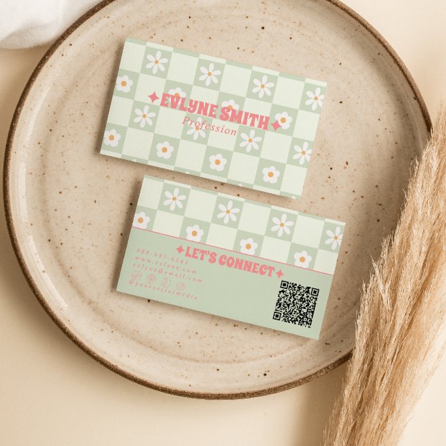 Retro QR Code Checkered Groovy Floral Boho Trendy Business Card (Creator Uploaded)