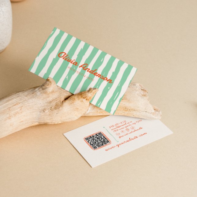 Retro QR Code Hand Written Drawn Stripped Colourfu Business Card (Creator Uploaded)